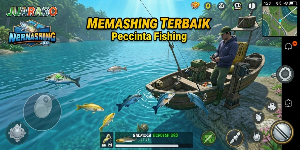 Tampilan gameplay JUARAGO dengan aksi memancing yang seru.