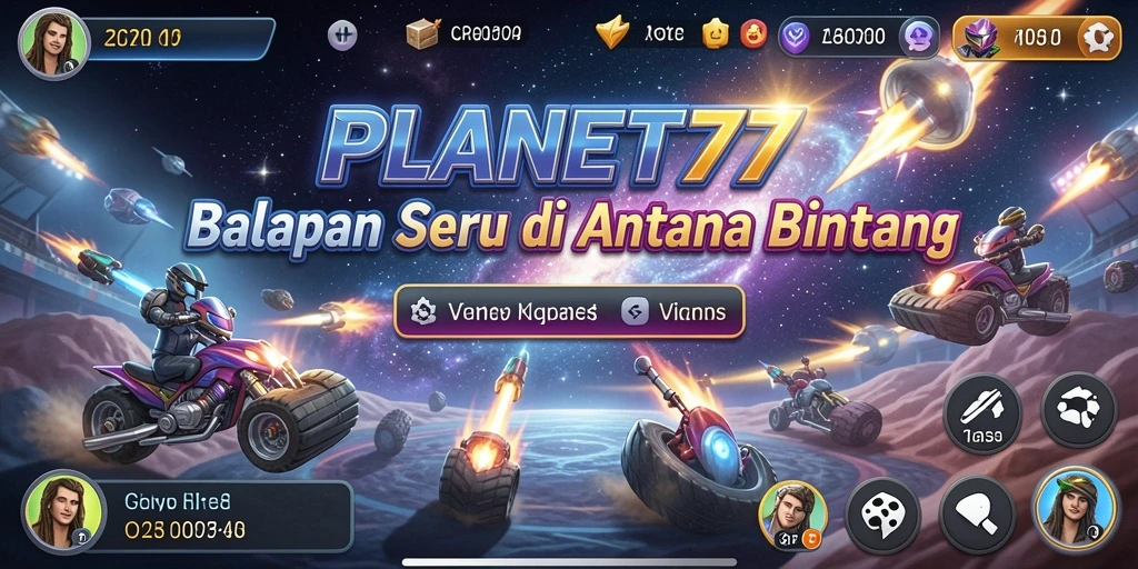 Screenshot utama PLANET77 menunjukkan aksi balapan menarik di luar angkasa.